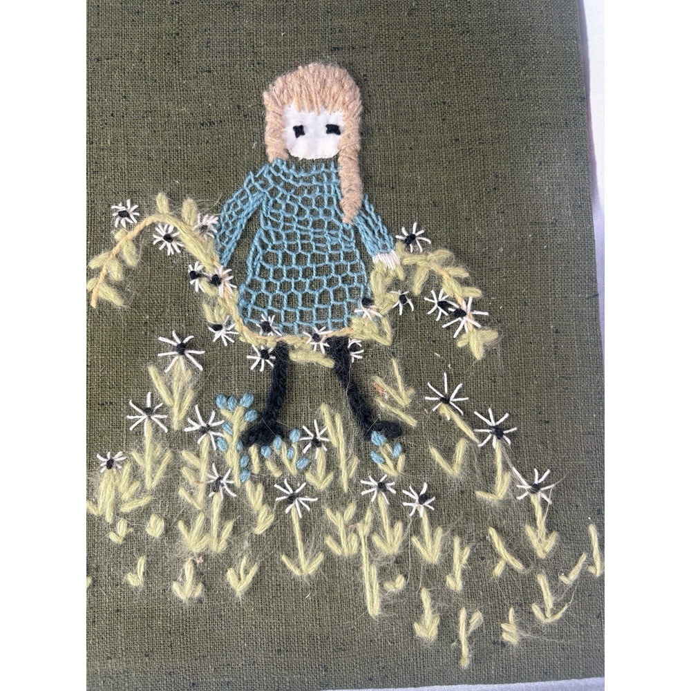 Crewel Needlepoint Art SET OF 2 Boy Girl Kite Flowers Board Back unframed 70's - Picture 11 of 12